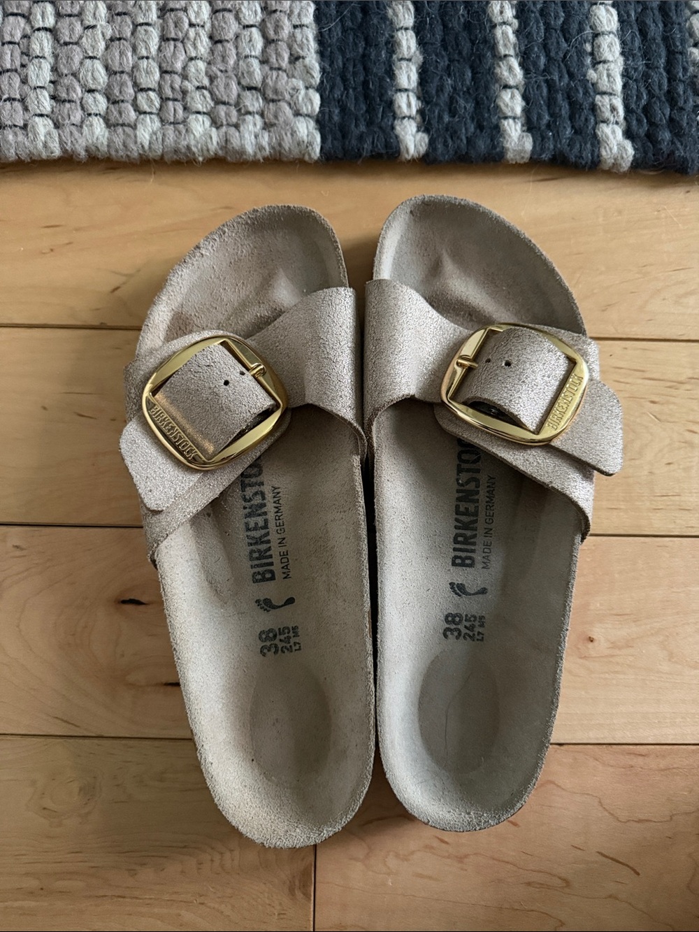 Birkenstock Madrid Suede Sandals in Taupe with Gold Buckles